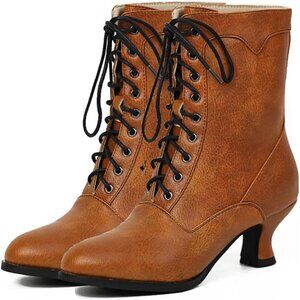 Women's Victorian Ankle Boots Mid Calf Round Toe Boots With Chunky Heel Brown